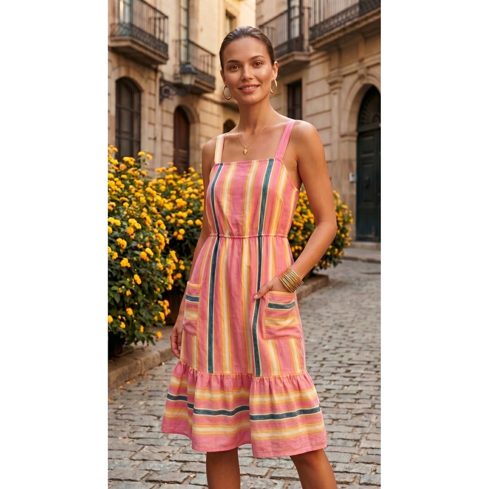 BB Dakota Striped‎ Linen Blend Tiered Mini Sundress Orange Pink Yellow S